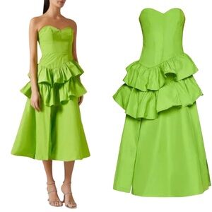 Marchesa Notte Electric Green Strapless High-Low Ruffle Cocktail Dress NWT Sz 4